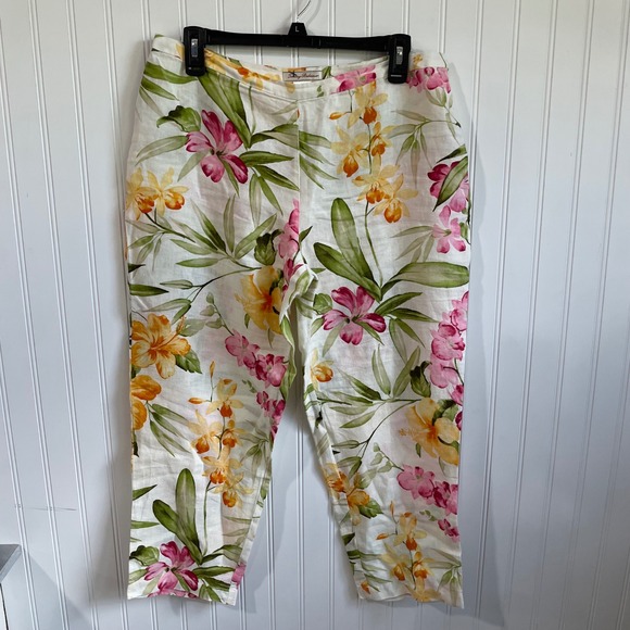 Tommy Bahama Floral Linen Pants‎ Cropped Tropical Print Womens 10 Coastal Beachy - Picture 1 of 8